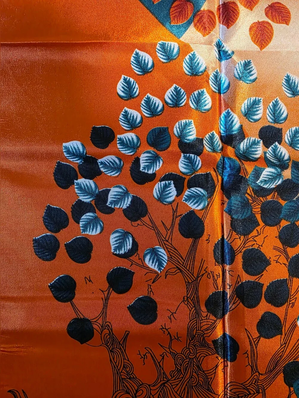 NWT Satin Neck Scarf Head Wrap Teal Orange Botanical Tree Foliage Print 35
